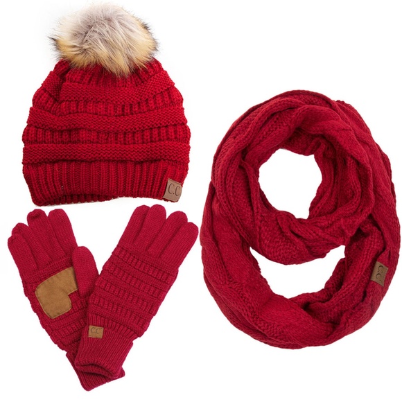 C.C 3pc Knit Warm Pom Beanie Gloves Scarves Set